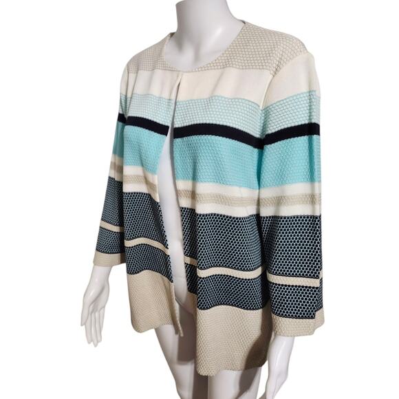 Misook Cardigan Jacket Womens Large Blue Brown Knit Colorblock Stripe Open Front - Picture 6 of 12
